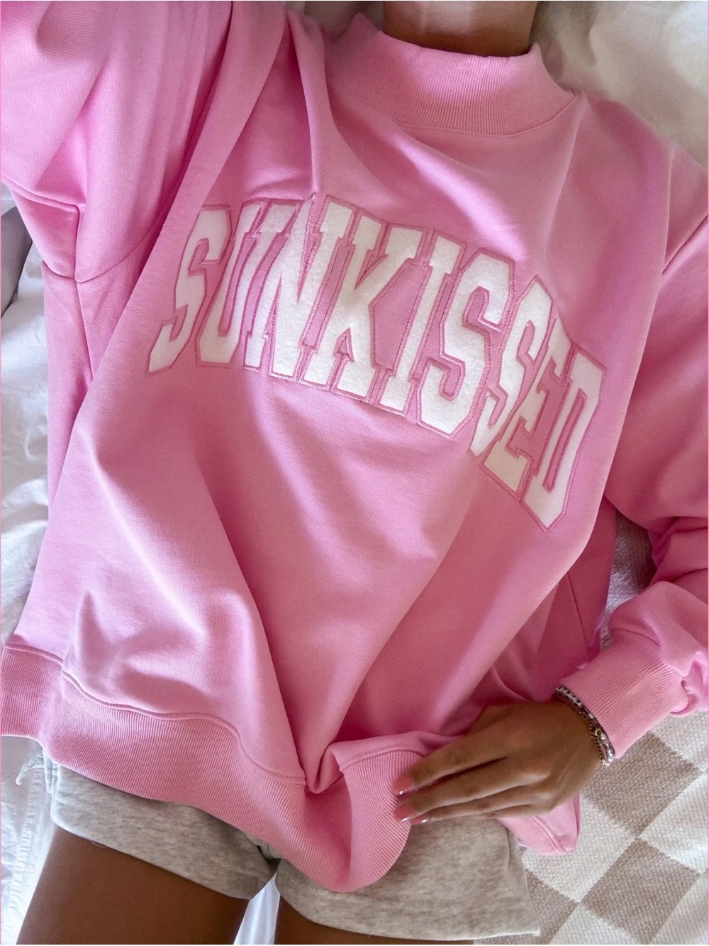 Sunkissed Coconut Mock Neck Embroidery Oversized Sweatshirt in Lottie pink
